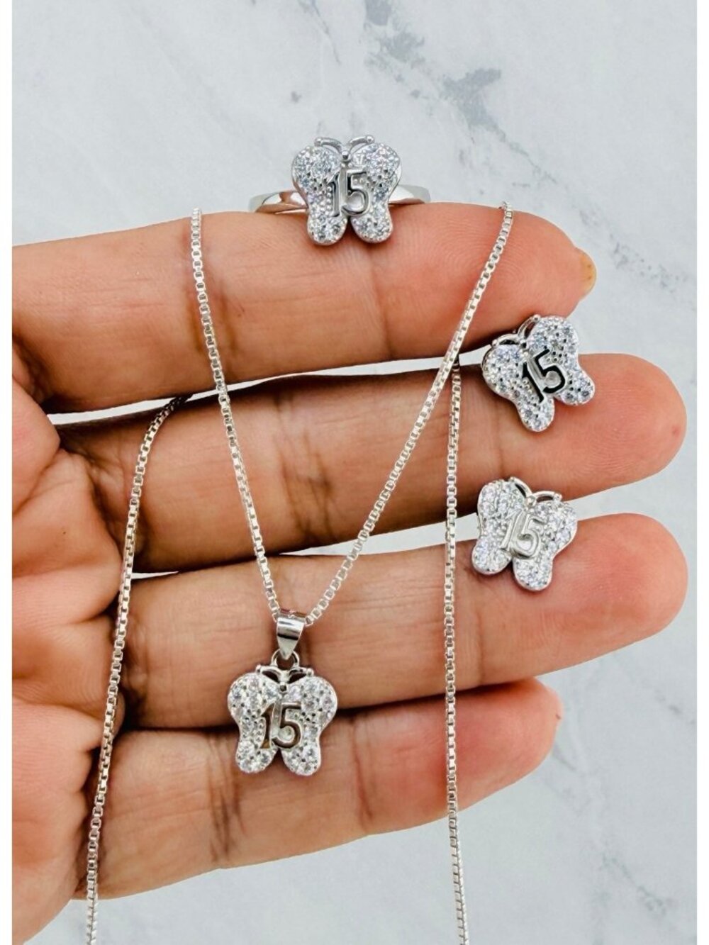 925 Sterling Silver Stud Earrings  Quinceañera Sweet 15 Butterfly Set